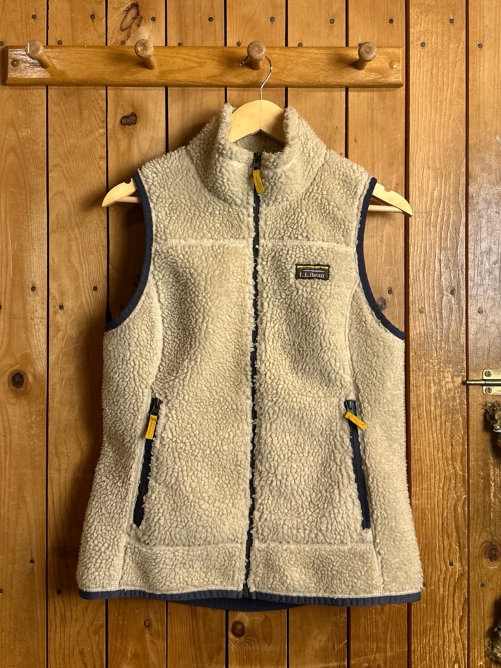 L.L.Bean Cream Sherpa Fleece Vest with Navy Trim